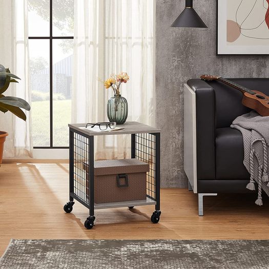 Bedside Table with Wheels Steel Frame Shelves 40 x 40 x 50 cm for Living Room Bedroom Industrial Design Greige-Black