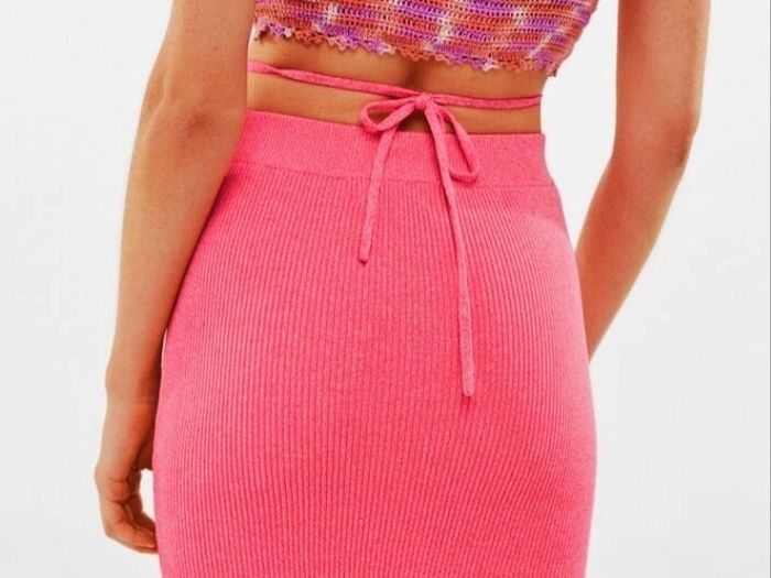Pink Mini Skirt With Straps At Waist, BERSHKA, size M