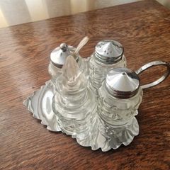 Vintage Glass Condiment Set with Tray