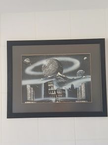 Original Surrealist Spray Paint Art. Professionally Framed 22 x 27 inches.