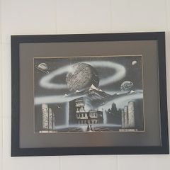 Original Surrealist Spray Paint Art. Professionally Framed 22 x 27 inches.