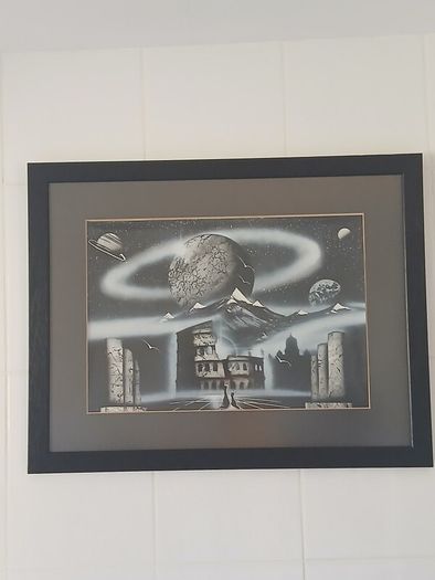Original Surrealist Spray Paint Art. Professionally Framed 22 x 27 inches.