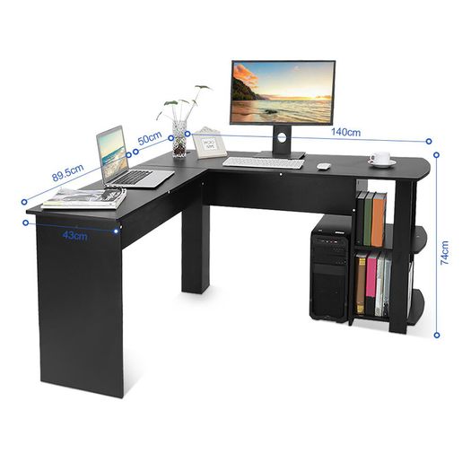 _Utility Wooden Office Computer Writing Desk Home Gaming PC Furnitur L-Shape Corner Study Computer Table With Book Shelf (black)