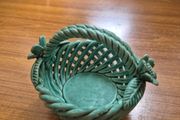 Vintage Ceramic Green Woven Basket with Flowers