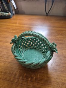 Vintage Ceramic Green Woven Basket with Flowers