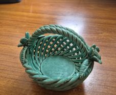 Vintage Ceramic Green Woven Basket with Flowers