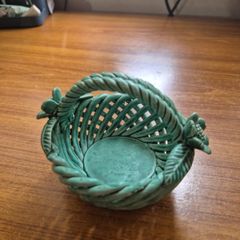 Vintage Ceramic Green Woven Basket with Flowers