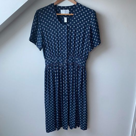Max Vintage 100% Pure Silk Navy Blue Medallion Dress Size 14