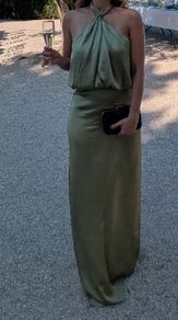 Pretty Lavish Olive Green Satin Halter Neck Maxi Dress