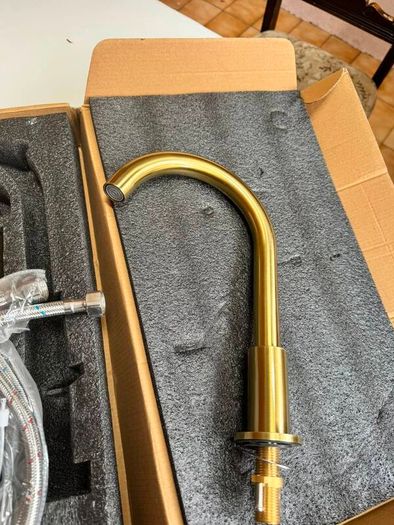 Bath mixer tap with shower attachment. Brass gold. Deck mounting 4 holes.