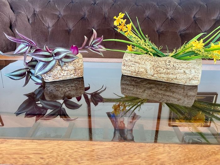 Vintage Set MCM Plant Pots x 2 Bark Pattern Stoneware Succulent Bonsai Planter 1950s