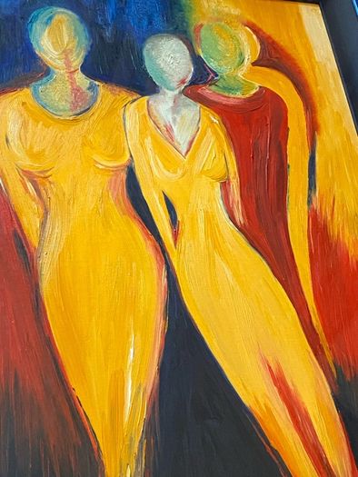Oil on board 3 women framed and glazed in a nice blue frame unsigned