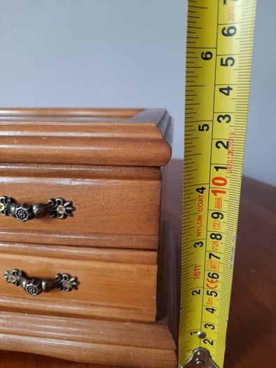 Wooden jewellery box with metal handles