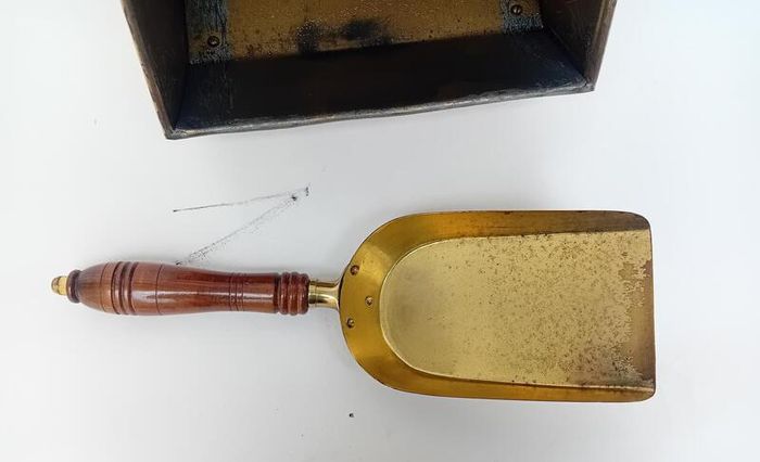 Antique Brass Coal Scuttle Storage Box & Shovel