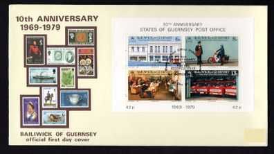 1979 Guernsey Tenth Anniversary of Guernsey Postal Administration Commemorative Stamps  Miniature Sheet Addressed First Day Cover (FDC)