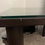 Square Glass coffe table with brown leather upholstery Image 3