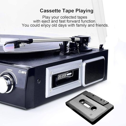 Vinyl Record Player, Bluetooth Turntable with Stereo Speakers, Turntable for Vinyl to MP3 with Cassette Play, AM/FM Radio, Remote Control, USB/SD Encoding