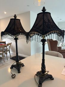Victorian Revival style Black Lace & Beaded Fringe Table Lamps