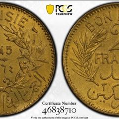 Tunisia 1945 2 Francs PCGS MS64