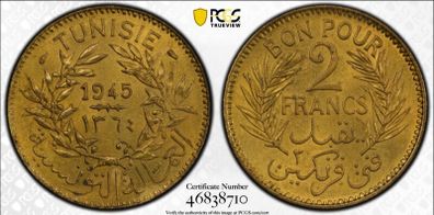 Tunisia 1945 2 Francs PCGS MS64
