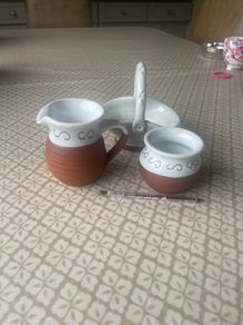 Jug, sugar & biscuit basket effect pottery