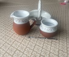 Jug, sugar & biscuit basket effect pottery