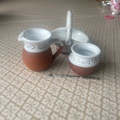 Jug, sugar & biscuit basket effect pottery