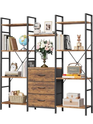 4-Tier Bookcase with Drawers, 100cm Wide Rustic Brown Shelving Unit 142cm Height, 10 Open Shelves + 3 Fabric Drawers, Industrial Rustic, For Living/Bedroom/Home Office, Large Storage