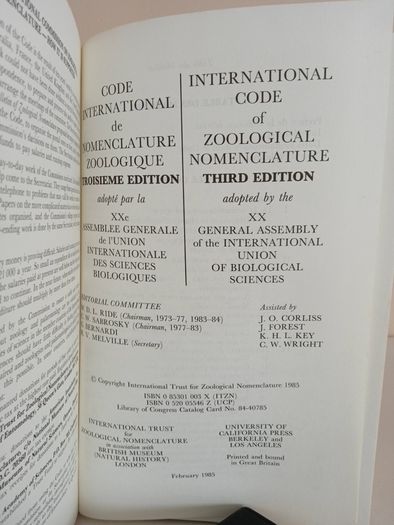 International Code of Zoological Nomenclature:  Adopted by the XX General Assembly of the International Union of Biological Sciences Published by the International Commission on Zoological Nomenclature (RB393)