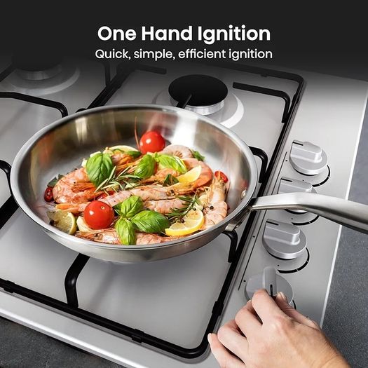 Built-in 60cm Gas Hob - Stainless Steel with 4 Cooking Areas, Easy Clean Surface, One -Hand Ignition, 60 x 52 x 8.9 cm (L x W x H)