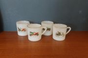 Cool Set of Four Vintage Retro Mid-Century French Milk-Glass Opaline Espresso Coffee Cups/Mini Mugs with Classic Car Designs