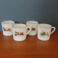 Cool Set of Four Vintage Retro Mid-Century French Milk-Glass Opaline Espresso Coffee Cups/Mini Mugs with Classic Car Designs