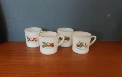 Cool Set of Four Vintage Retro Mid-Century French Milk-Glass Opaline Espresso Coffee Cups/Mini Mugs with Classic Car Designs
