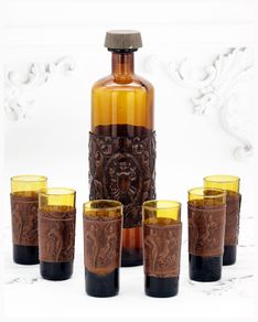 Vintage Amber Glass Decanter Glasses Set