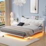 Floating King Metal Bed Frame with LED Lights USB Charging Station 150x200cmMetal Platform Bed Frame with 5ft Upholstered Headboard Storage Heavy Duty Metal Slats, Noise Free White Image 3
