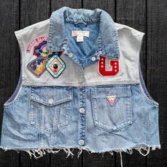 Vintage Cropped Guess Jeans Patch Denim Vest Y2K Biker Logo Size S