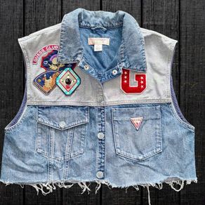 Vintage Cropped Guess Jeans Patch Denim Vest Y2K Biker Logo Size S