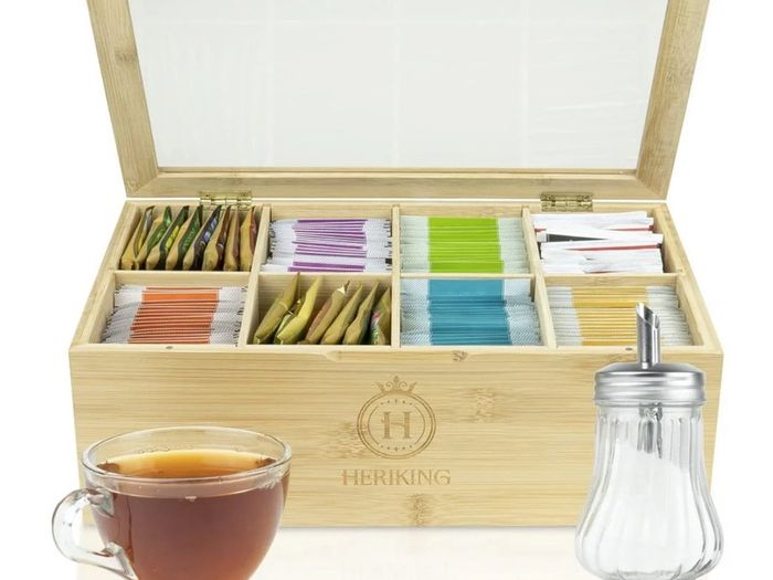 Brand New Premium tea box including sugar shaker 100 bamboo wood, with 8 dividers -