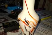 Beautiful Old white glass Dalian Snowflake Vase with a ruffled rim and orange and brown swirl design Postage Available
