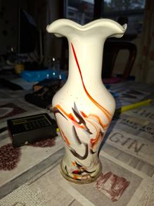 Beautiful Old white glass Dalian Snowflake Vase with a ruffled rim and orange and brown swirl design Postage Available