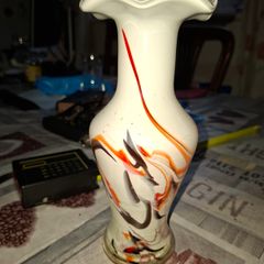 Beautiful Old white glass Dalian Snowflake Vase with a ruffled rim and orange and brown swirl design Postage Available
