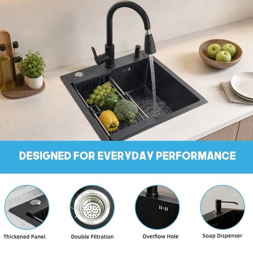 Black Kitchen Sink 50 x 45cm Stainless Steel Sink Bowl with Pull Down Tap Kitchen Sinks Single Bowl with Drainer Basket Soap Dispenser, Deep Bowl for UK Kitchens, Top/Flush/Undermount Sink