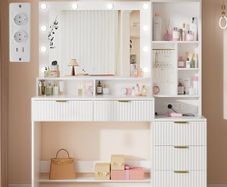 Large Dressing Table with LED Lighting Mirror and Sockets, 12 Jewellery Hooks and 5 Drawers, Dressing Table with Open Shelves for the Bedroom (White)