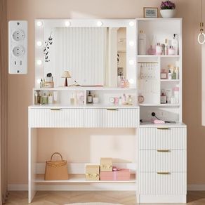 Large Dressing Table with LED Lighting Mirror and Sockets, 12 Jewellery Hooks and 5 Drawers, Dressing Table with Open Shelves for the Bedroom (White)