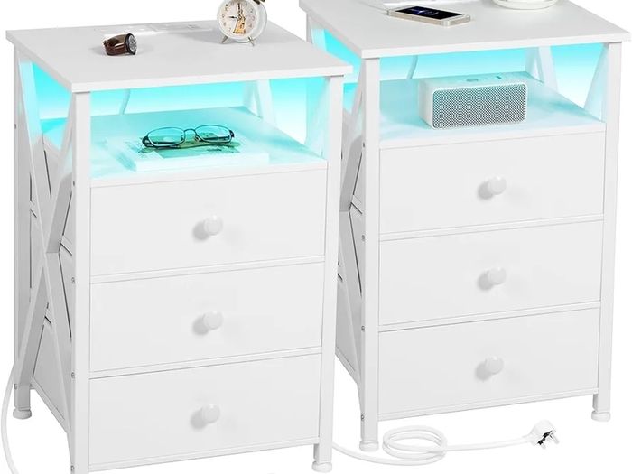 Bedside Table Set of 2 with Charging Station, Side Table with Led Lights, Bedside Cabinet with 3 Fabric Storage Drawers, End Table, Sofa Side Table, Nightstand for Living Room