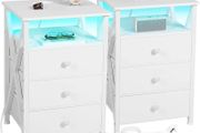 Bedside Table Set of 2 with Charging Station, Side Table with Led Lights, Bedside Cabinet with 3 Fabric Storage Drawers, End Table, Sofa Side Table, Nightstand for Living Room