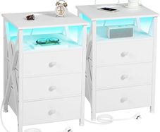 Bedside Table Set of 2 with Charging Station, Side Table with Led Lights, Bedside Cabinet with 3 Fabric Storage Drawers, End Table, Sofa Side Table, Nightstand for Living Room