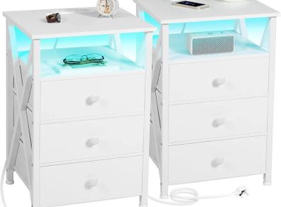 Bedside Table Set of 2 with Charging Station, Side Table with Led Lights, Bedside Cabinet with 3 Fabric Storage Drawers, End Table, Sofa Side Table, Nightstand for Living Room