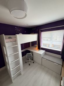 Loft bed frame with desk, chair and storage