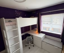 Loft bed frame with desk, chair and storage